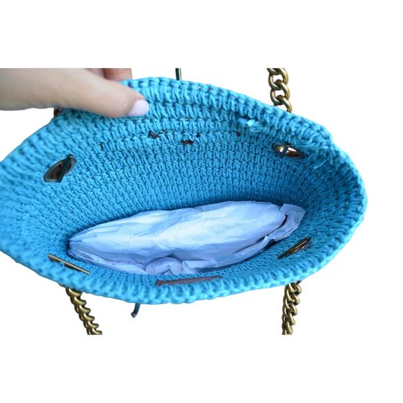 KURT GEIGER LONDON Small Chelsea Raffia Shoulder Tote Blue NWT - Picture 3 of 5